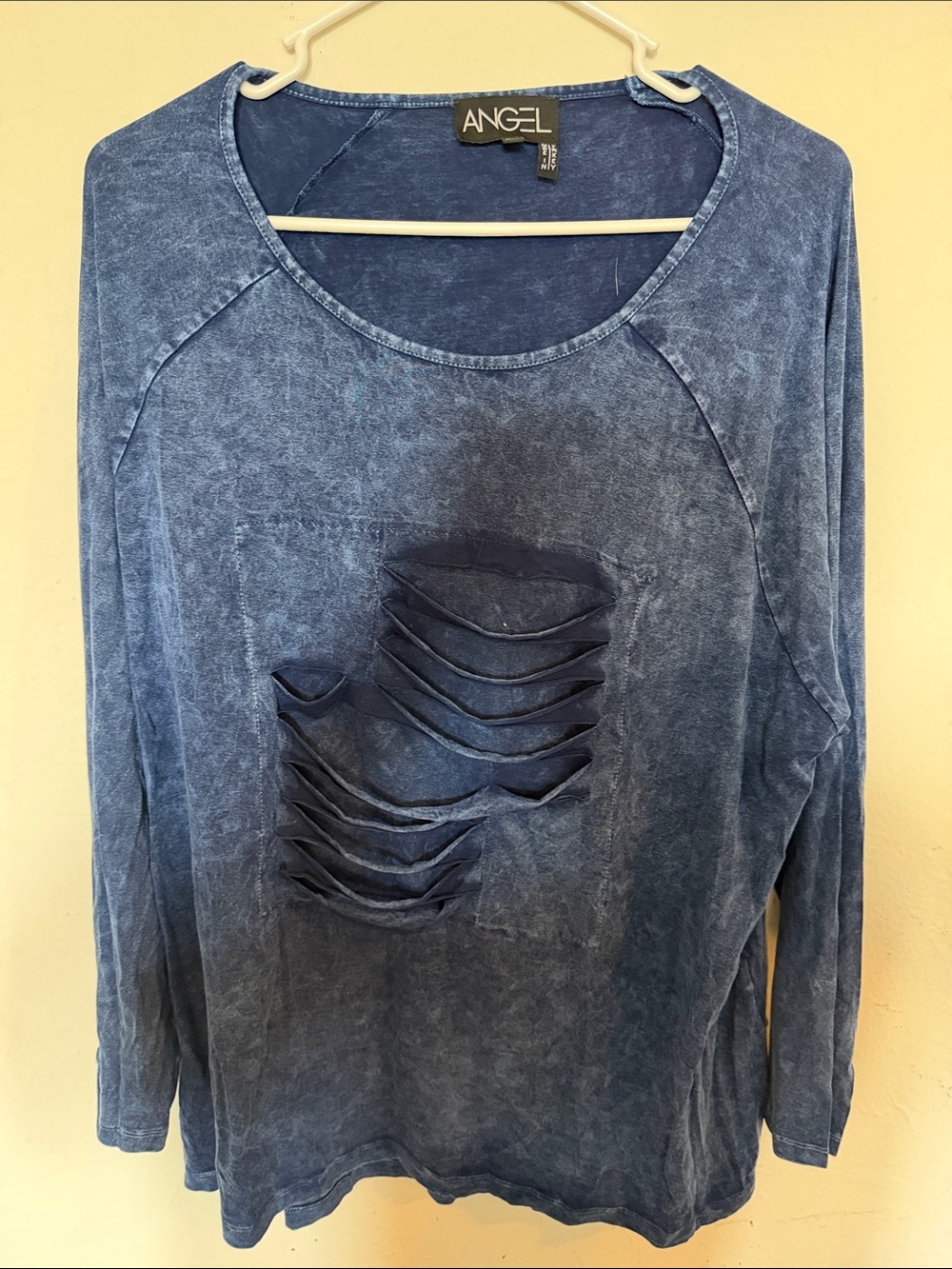 Angel Washed Indigo Blue Long-Sleeve Distressed Top